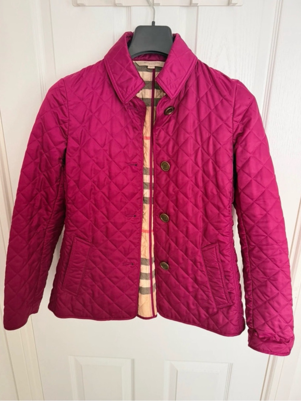 Burberry Quilted Button-Up Puffer Jacket in Fuchsia